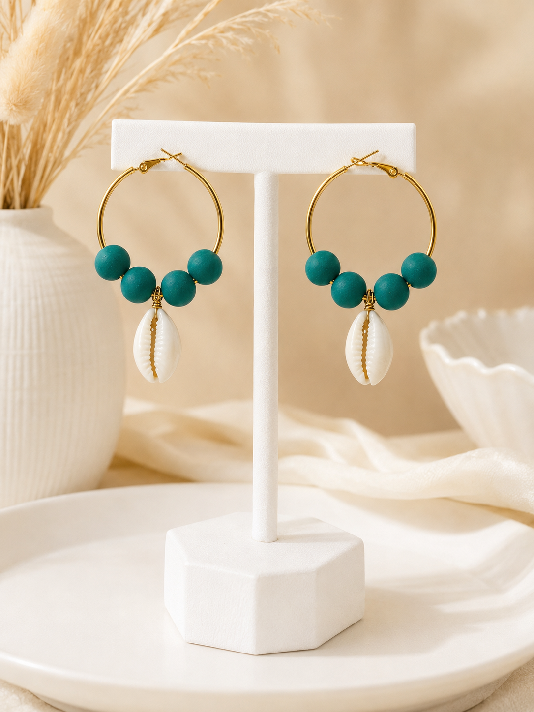 Emerald Cowrie Hoop Earrings
