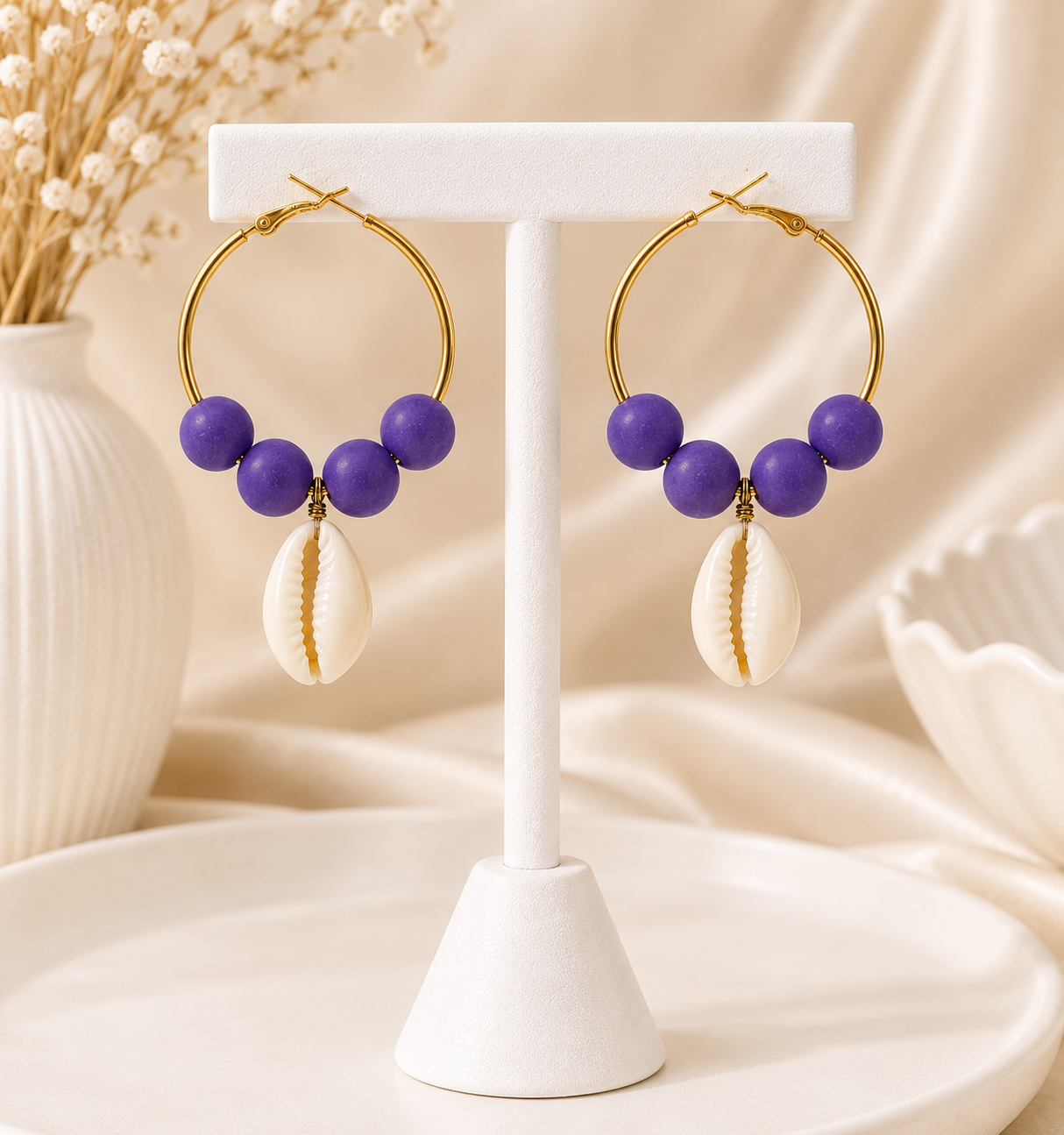 Amethyst Cowrie Hoop Earrings