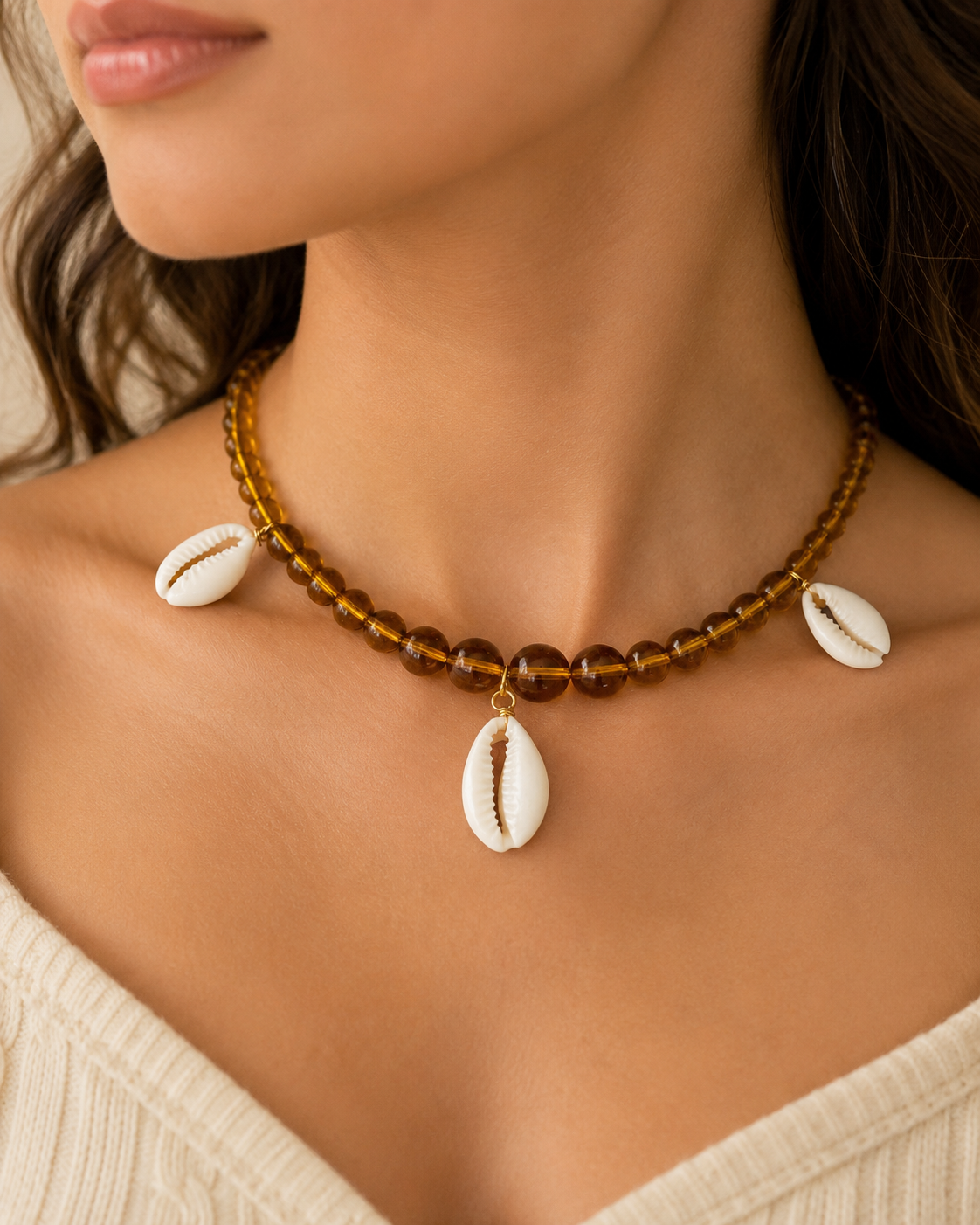 Grace Gems Amara Three-Cowrie Gemstone Choker Necklace