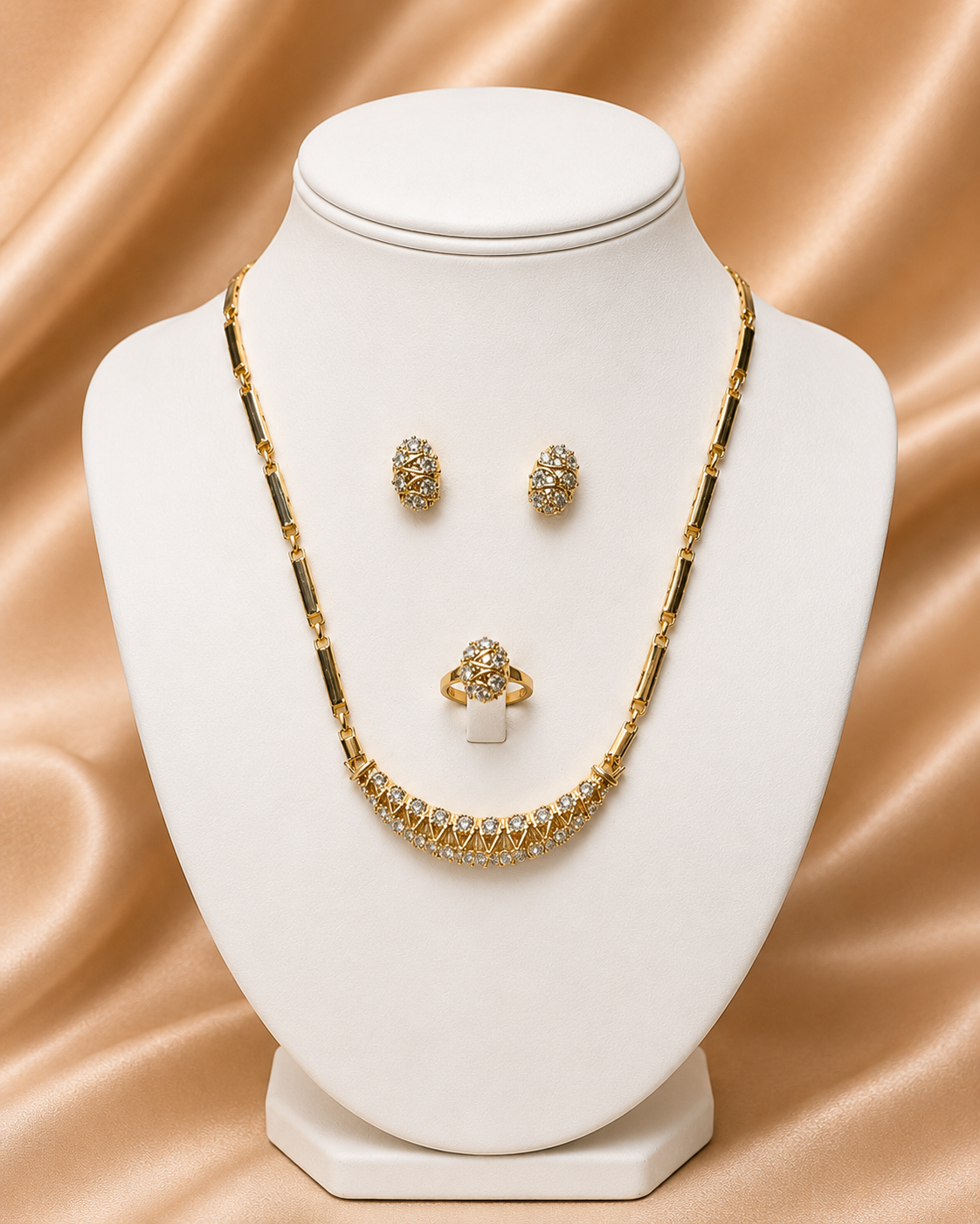 Grace Gem Gold-Plated Copper Cubic Zirconia Necklace, Earrings & Ring Set – Elegant 3-Piece Jewelry Collection