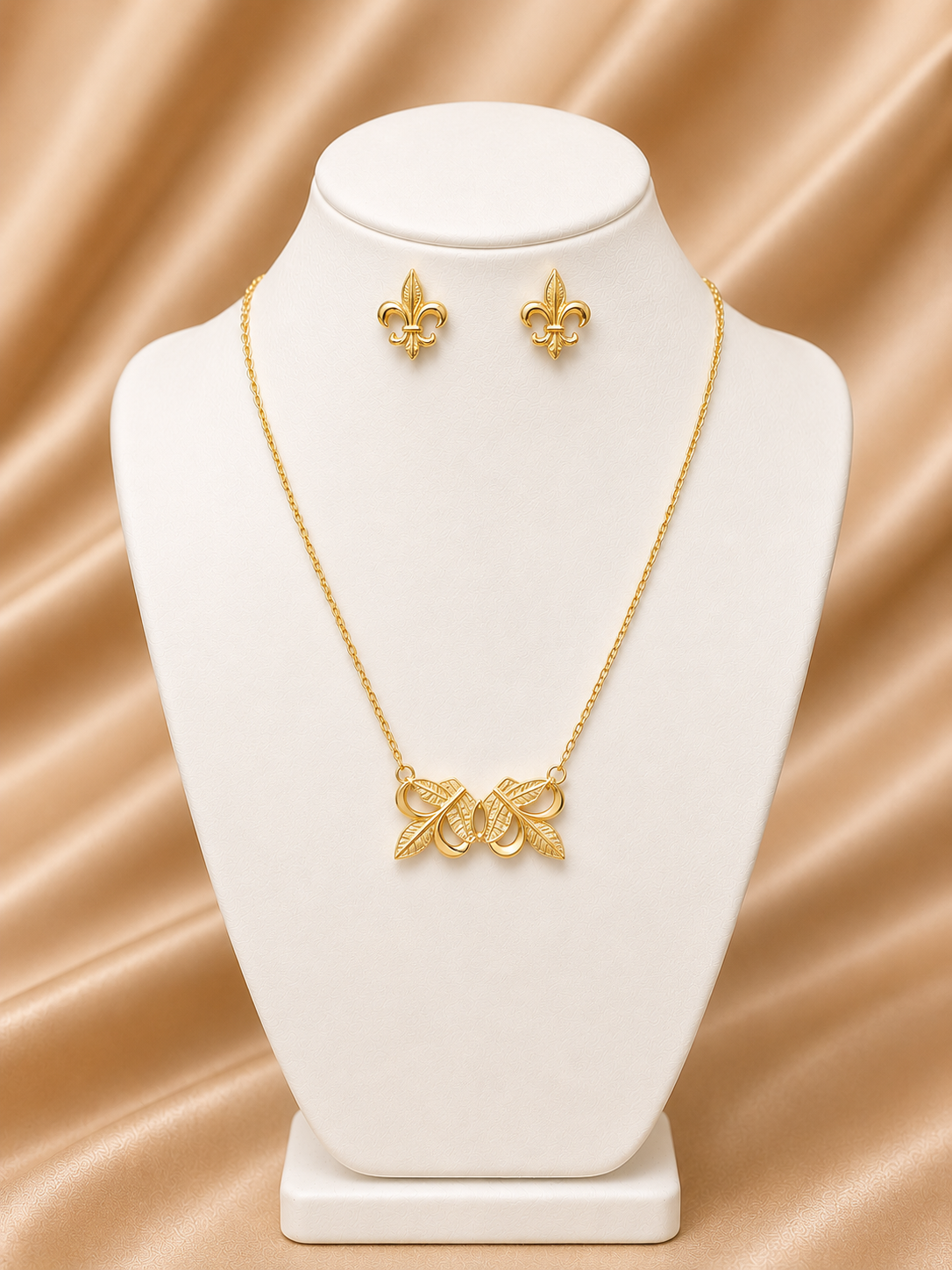 Grace Gem Elegant Copper Fleur-de-Lis Earrings & Triple-Leaf Necklace Set